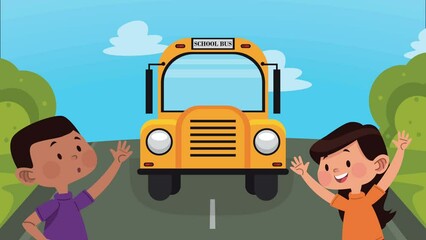 Poster - back to school bus and schoolgirl animation