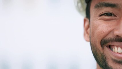 Canvas Print - Face of construction manager smiling and wearing hardhat while standing outside on site with copy space. Closeup of happy civil engineer worker doing maintenance and repair work for building project