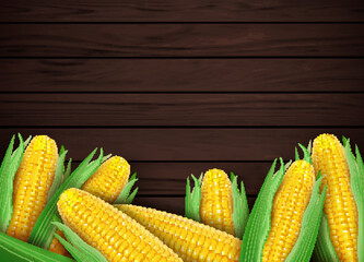 Poster - Realistic Detailed 3d Whole Sweet Organic Corn Cob on Brown Wooden Background Card Wallpaper. Vector illustration