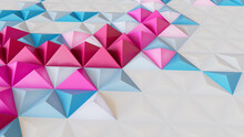 White, Blue And Pink Geometric Surface With Triangular Pyramids. Modern, Bright 3d Wallpaper.