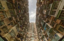 Low Angle View Of Crowded Residential Towers In An Old Community In Quarry Bay, Hong Kong ~ Scenery Of Overcrowded Narrow Apartments, A Phenomenon Of High Housing Density & Housing Blues In HK