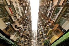 Low Angle View Of Crowded Residential Towers In An Old Community In Quarry Bay, Hong Kong ~ Scenery Of Overcrowded Narrow Apartments, A Phenomenon Of High Housing Density & Housing Blues In HK