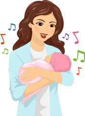 Wall Mural - Mom Sing Baby Sleep Music Therapy Illustration