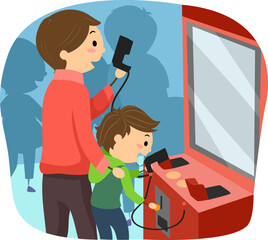 Sticker - Kid Boy Play Arcade Dad Shooting Illustration