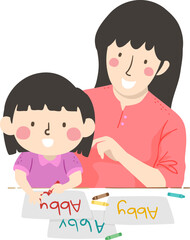 Sticker - Mom Teach Kid Girl How Write Own Name Illustration