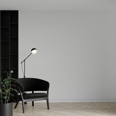 Square render of a room in black and white. Minimalistic design style - black chair, floor lamp, built-in shelves and plant. Empty light wall for decor, painting or wallpaper. 3d rendering