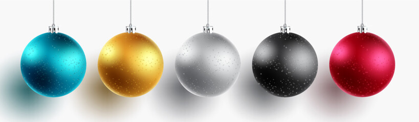 Christmas balls vector set design. Christmas ball hanging decoration with glitters and colorful decorative element isolated in white background for 3d xmas ornament. Vector illustration.
