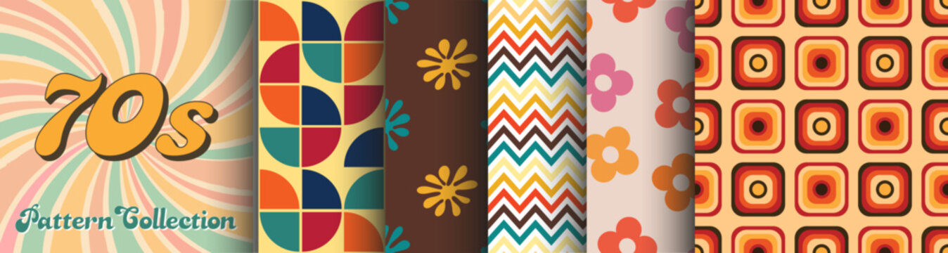 collection of seamless patterns in 70's style, boogie decade, retro graphics, vintage set of fabrics