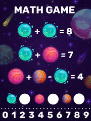 Wall Mural - Math game addition puzzle worksheet. Cartoon galaxy space planets and comets. Kids math puzzle, mathematical riddle or vector quiz with fantasy crystal or icy planets, comets flying in outerspace