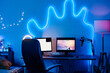 © AnnaStills - Horizontal image of place of streamer with computer monitors with video game and microphone in dark room decorated neon lights