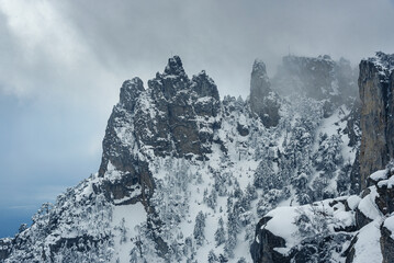 Sticker - Snow-capped battlements of Mount Ai-Petri in spring. Crimea