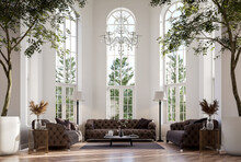 Modern Classicl Style Living Room Surrounded By Green Garden 3d Render,The Room Has Wooden Floors. Decorated With Elegant Brown Fabric Sofas And Large Plant Pots. Arched Window To Admire Nature
