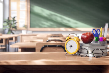 Back to school concept with apple book stationery eyeglasses alarm clock placed on a wooden student desk with blurred classroom background 3d render