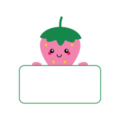 Wall Mural - Cute smiling cartoon style pink strawberry character holding in hands blank card, banner.