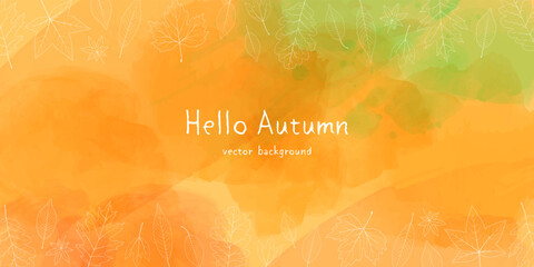 Wall Mural - Vector illustration of autumn banner background. Botanical leaves line art and watercolor.