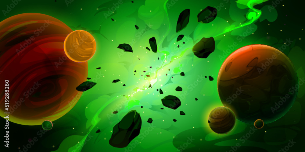 Cartoon green space background with glowing galaxy nebula and flying ...