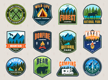 Patches For Summer Camp. Design For Tourist Traveling Stickers Banners. Vector Illustration