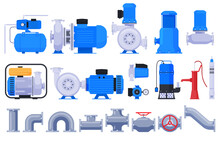 Water Pumps. Water And Liquid Pumping. Technical Equipment For Water Stations. Vector Illustration