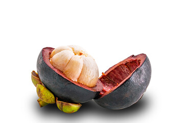 Closeup view of half cut mangosteen isolated on white background with clipping path.