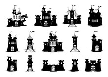 Vector Set Of Icons Of Medieval Castles. Castles With Towers, Fortified Walls, Gates, Weather Vanes And Tiled Roofs. Silhouettes Of Ancient Architecture.