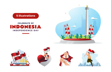 Flat design celebrate Indonesia Independence Day illustration set concept