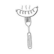 Oktoberfest 2022 - Beer Festival. Hand-drawn Doodle outline bavarian sausage on a fork on a white background. German Traditional holiday.