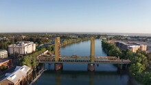Aerial Panning Shot Of Tower Bridge That Spans Across The Sacramento River. 4K