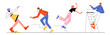Falling people, clumsy male and female characters fall down from stairs, stumble, slipping on banana peel. Accident, injury, danger, risk, bad luck, misfortune Linear cartoon flat vector illustration