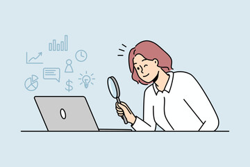 Woman looking at laptop screen with magnifying glass exploring online perspectives and opportunities. Female use magnifier discover options on internet on computer. 