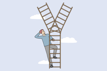 Wall Mural - Businessman on ladder make decision or choice. Man decide which path to take. Dilemma and choosing option. Vector illustration. 