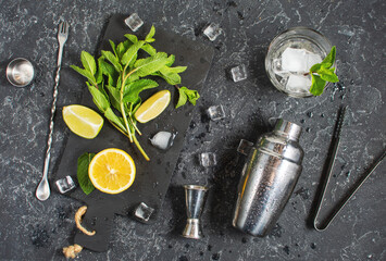 Wall Mural - Mojito cocktail making. Ingredients and drink utensils. Top view