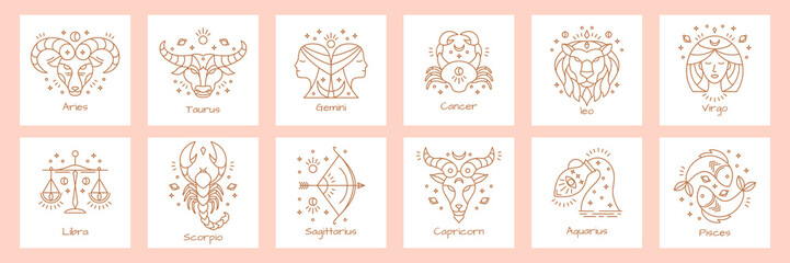 zodiac astrology horoscope signs design vector illustrations set. elegant astrological constellation