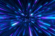 Abstract Background In Blue And Purple Neon Glow Colors. Speed Of Light In Galaxy. Explosion In Universe. Cosmic Background For Event, Party, Carnival, Celebration, Anniversary Or Other. 3D Rendering.