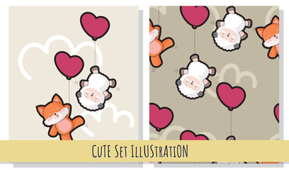 Flat cute animal fox and sheep fly with balloon pattern set
