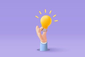 3D idea make money with lamp on hand holding in background.  growing business isolated concept, 3d bulb vector render for finance, investment, light bulb in hand like idea make earning concept