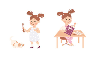 Sticker - Cute little girl daily routine. Kid walking dog and reading story book cartoon vector illustration