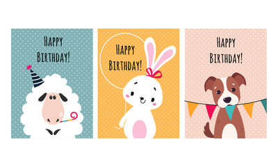 Wall Mural - Happy birthday cards with funny animals set. Adorable sheep, bunny and puppy on celebration greeting or invitation card vector illustration