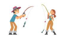 Anglers Characters. People With Fishing Rods And Caught Fish Cartoon Vector Illustration