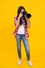 Teenager Girl Photographer With A Dslr Camera. Kid Use Digital Camera. Child Photographing. School Of Photography. Kid Photographer Beginner.