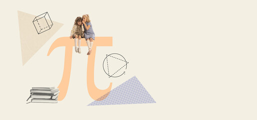 Contemporary art collage. Little girls, children sitting on mathematics symbol and whispering. Math lesson