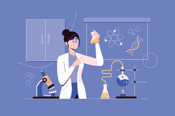 Science laboratory web concept with people scene in flat blue design. Woman scientist holds tube with liquid and makes scientific research, conducts experiments and tests in lab. Vector illustration