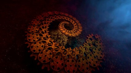 Wall Mural - Steampunk accessories. Old watch gears on dark metal background. Rusty metallic spiral. 3D endless loop animation
