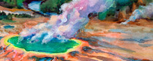 Yellowstone Grand Prismatic Spring. Banner From A Series Of USA National Parks. Hand-painted Panoramic Background.