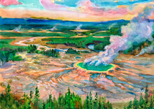 Yellowstone Grand Prismatic Spring. Poster From A Series Of USA National Parks. Hand-painted Panoramic Background.