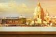 Art beautiful wooden table on the background of italian roman during sunset. Copy space. Product demo template concept