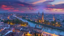 Verona Italy Skyline Aerial View Time Lapse From Day To Night Verona City At Sunset.