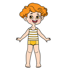 Sticker - Cute cartoon boy with curly hair dressed in underwear barefoot color variation for coloring on a white background