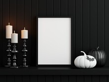 Halloween Frame Mockup, Black Verical Frame On The Black Wall With Candles And Pumpkins, 3d Render