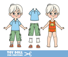 Wall Mural - Cartoon blond boy dressed and clothes separately - blue T-shirt, breeches and sneakers doll for dressing