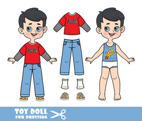 Cartoon brunette boy dressed and clothes separately - long sleeve T-shirt, blue jeans and orange sneakers doll for dressing